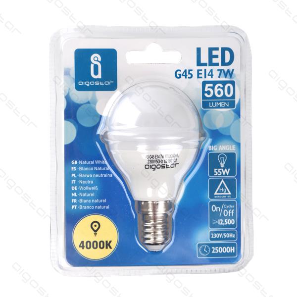 Lâmpada LED G45 E14 7W Aigostar embalada em plástico azul