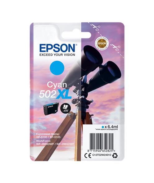 Embalagem de tinta Epson cyan 502XL com imagem de telescópio e céu ao pôr do sol