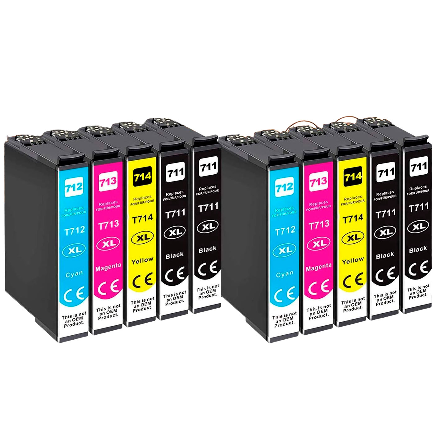 Conjunto de dez tinteiros para impressora com rótulos coloridos e indicação de modelo e cores.