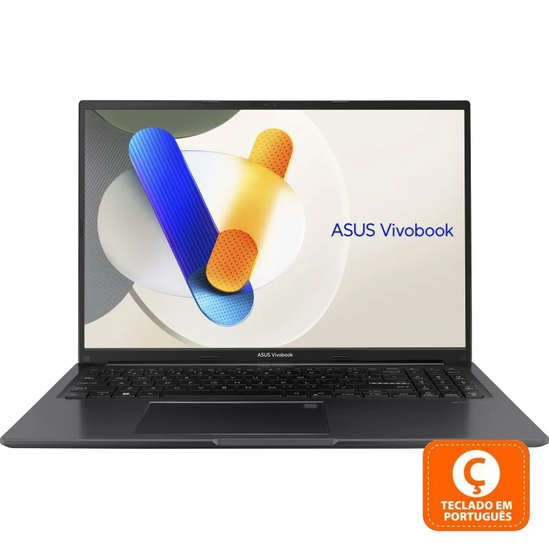 Portátil ASUS Vivobook aberto com teclado português e ecrã com gráficos coloridos