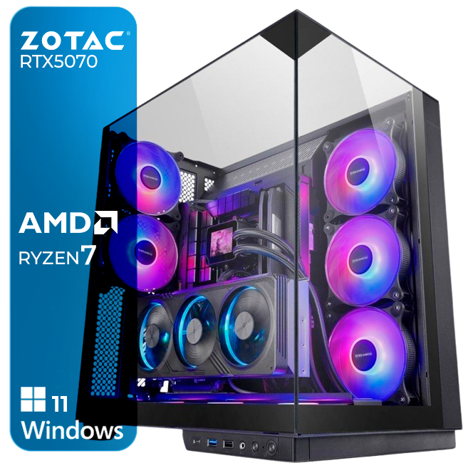 Computador gaming com caixa em vidro transparente e iluminação RGB, com textos ZOTAC RTX5070, AMD RYZEN 7, Windows 11