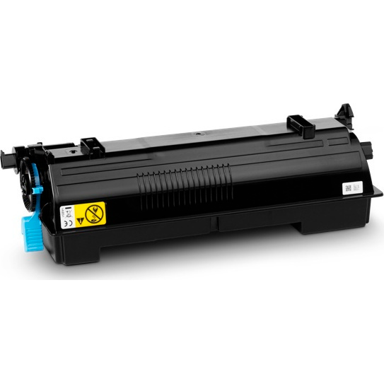 Cartucho de toner preto para impressora com detalhes azuis e etiqueta amarela de aviso