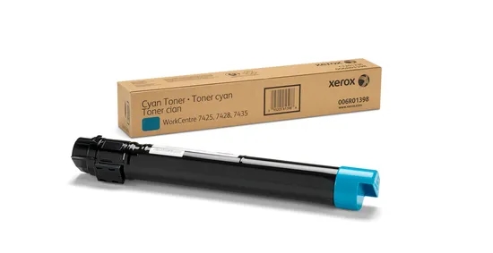 Toner ciano Xerox com embalagem castanha e cilindro preto com tampa azul