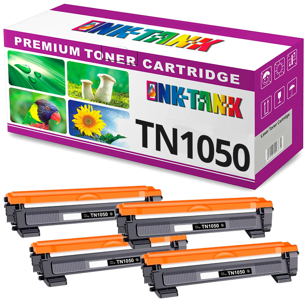 Caixa de toner TN1050 e quatro toners com componentes a preto e laranja
