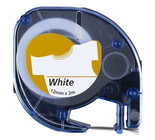 Fita de rotulagem branca 12mm x 2m em caixa plástica azul transparente.