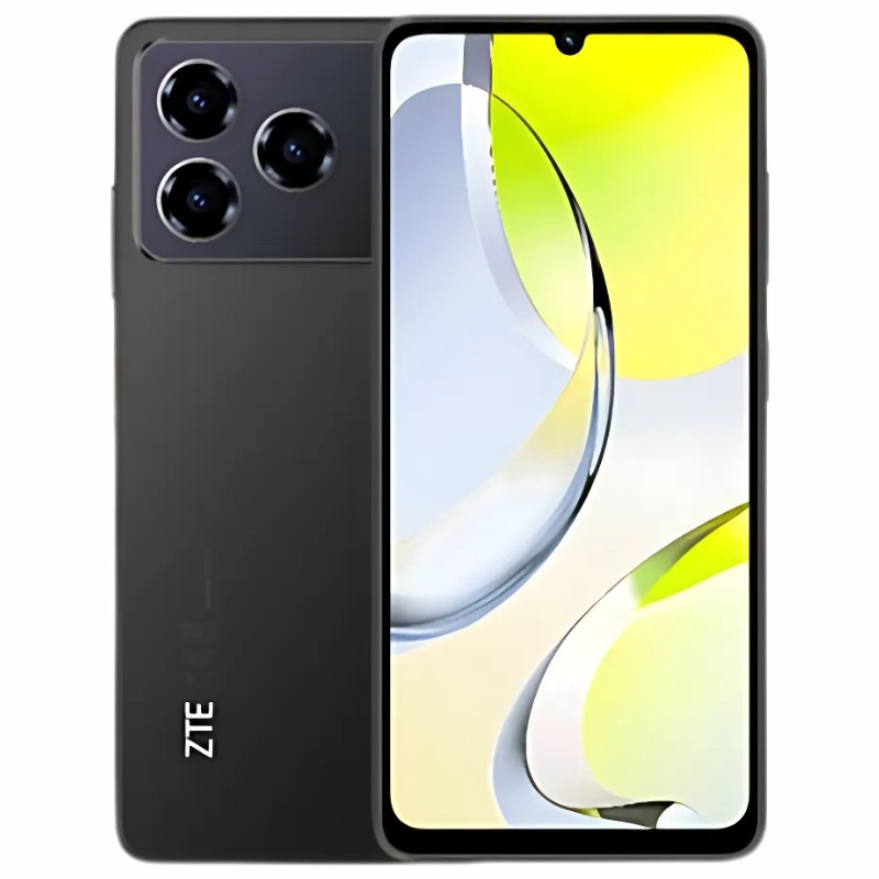 Smartphone preto ZTE com três câmaras traseiras e ecrã frontal colorido