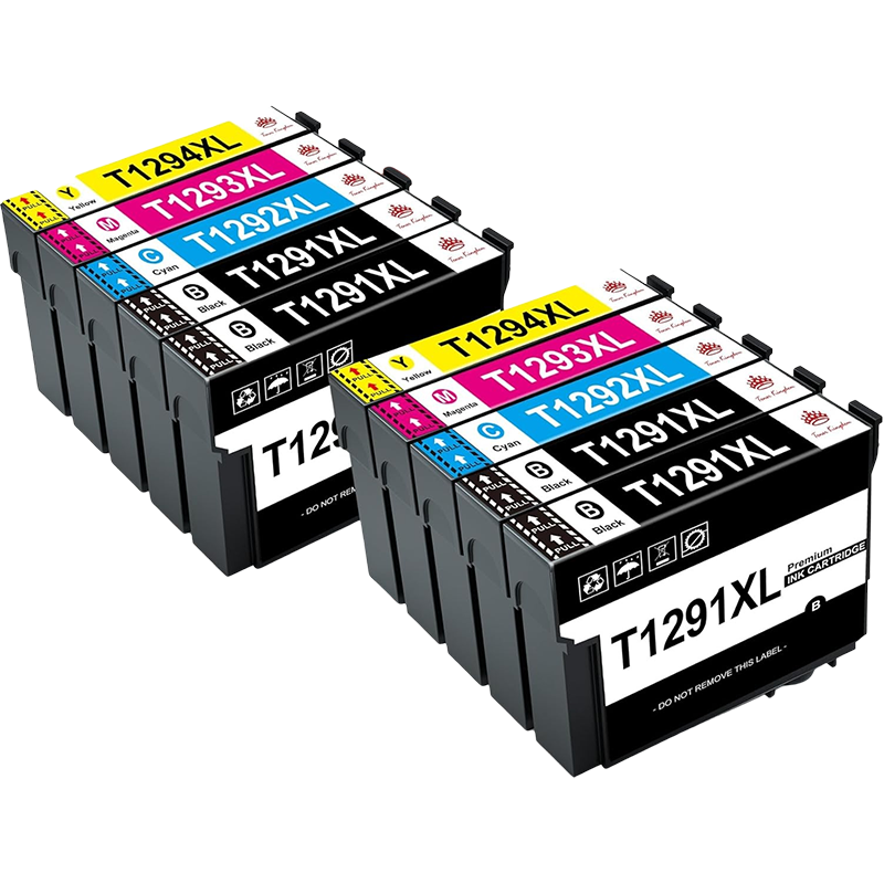 Conjunto de cartuchos de tinta para impressora com etiquetas coloridas e texto T1294XL, T1293XL, T1292XL, T1291XL.