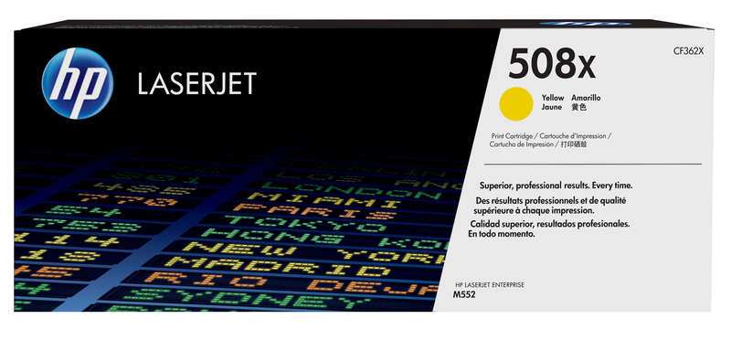 Caixa de cartucho de impressão HP LaserJet amarelo 508x CF362X com design colorido e texto multilíngue.