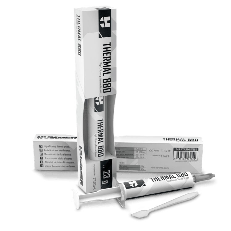 Pasta térmica Thermal 880 em seringa e embalagem branca preta com espátula.