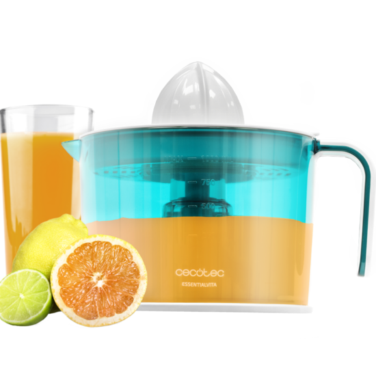 Espremedor de citrinos azul com tampa branca e copo de sumo ao lado
