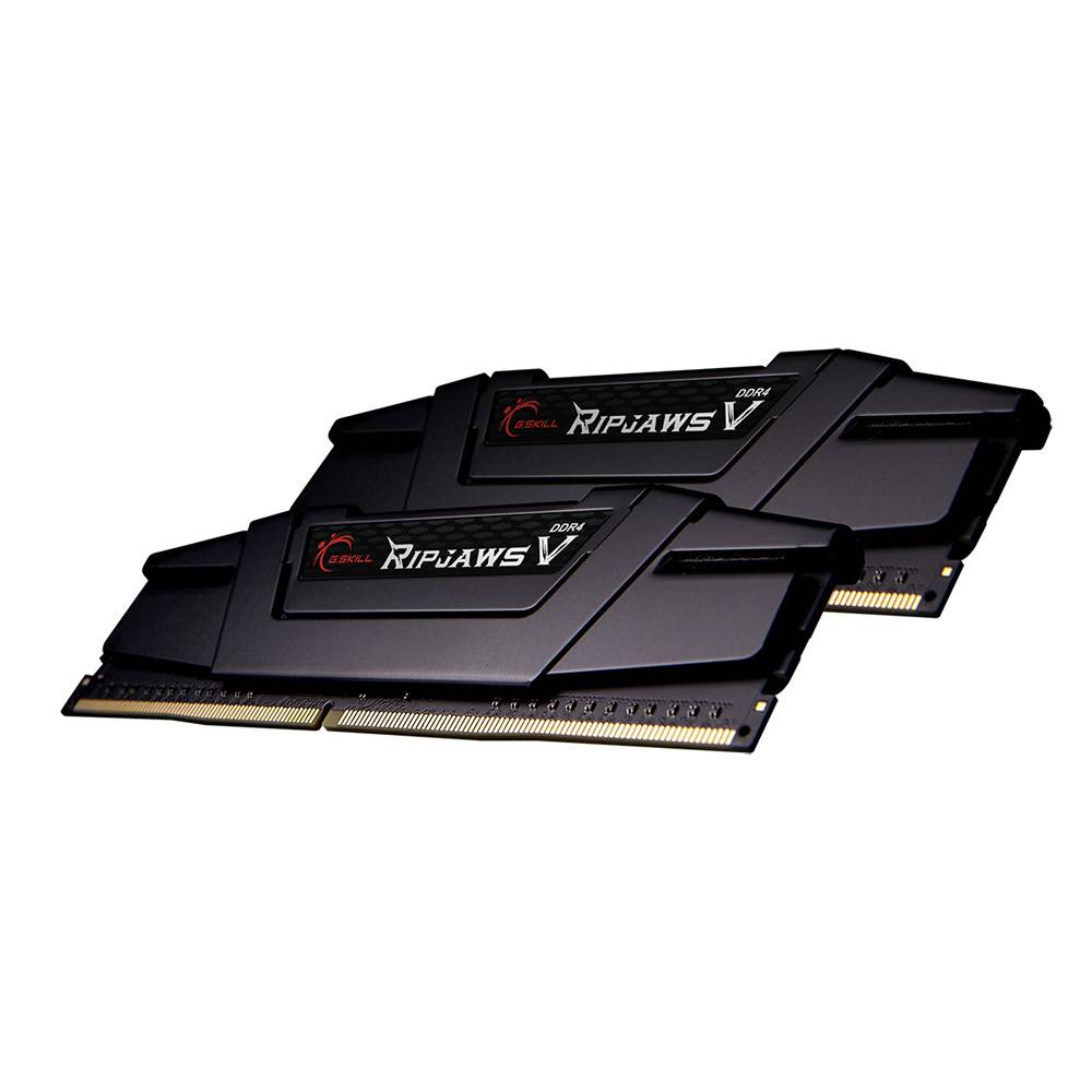 Dois módulos de memória RAM DDR4 pretos com etiquetas G.SKILL Ripjaws V