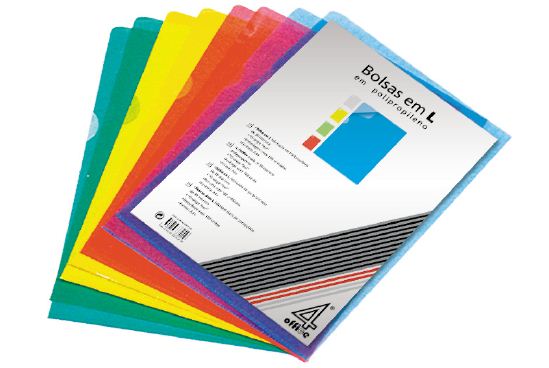 Conjunto de bolsas em L coloridas com embalagem branca e texto preto