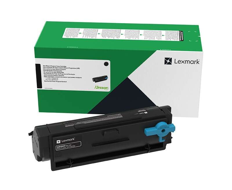 Cartucho de toner Lexmark preto com caixa verde, branca e preta