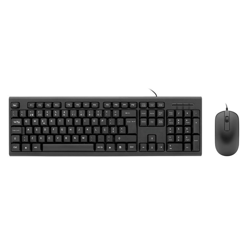 Conjunto de teclado e rato preto com fios em fundo branco