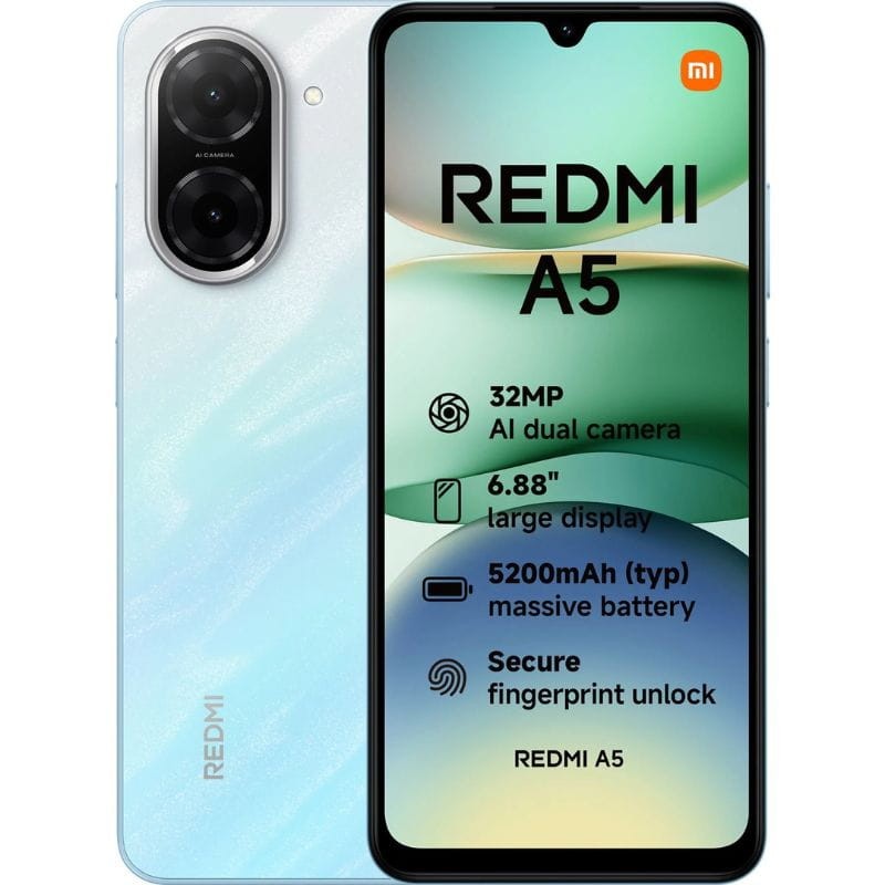 Smartphone Redmi A5 azul com ecrã e texto promocional visível