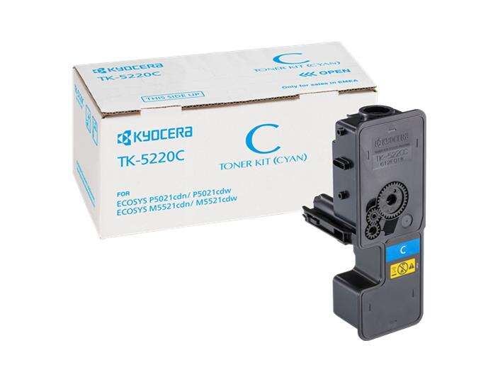 Cartucho de toner Kyocera TK-5220C ciano com embalagem e texto azul