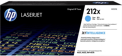 Embalagem de toner HP LaserJet 212x preta e branca com texto de especificações