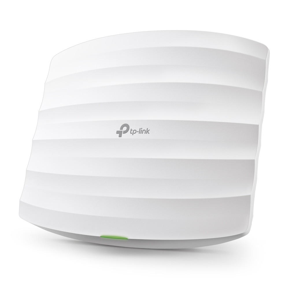 Ponto de acesso TP-Link branco com textura ondulada e indicador verde.