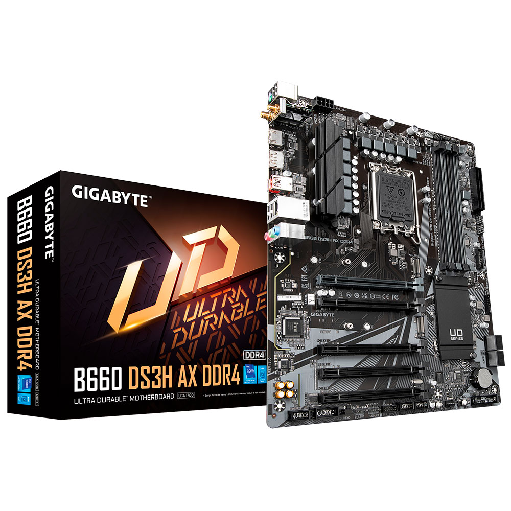 Placa-mãe Gigabyte B660 DS3H AX DDR4 ao lado da sua caixa preta com logo e texto dourado.