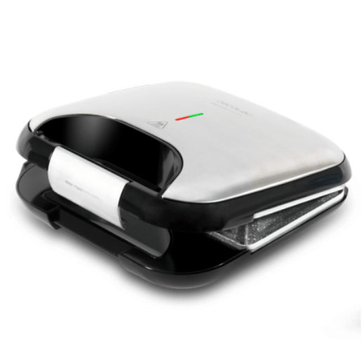 Sanduicheira elétrica preta com tampa de aço inoxidável com luzes indicadoras