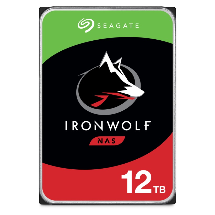 Disco rígido Seagate IronWolf NAS de 12 TB com etiqueta colorida e logotipo de lobo