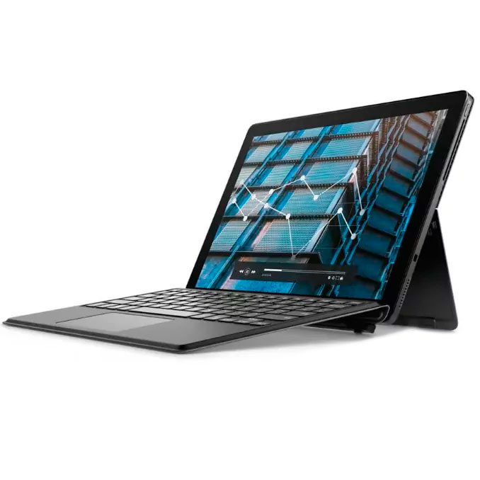 Computador portátil híbrido preto com ecrã táctil a mostrar gráfico e teclado destacável