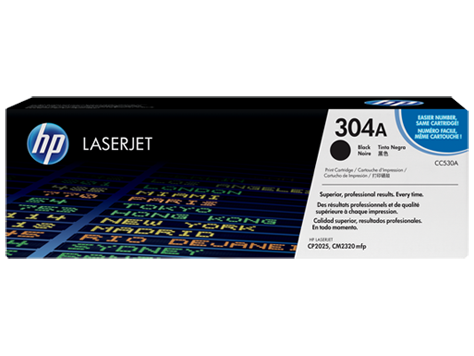 Cartucho toner HP LaserJet 304A CC530A preto em embalagem preta com texto em azul e branco