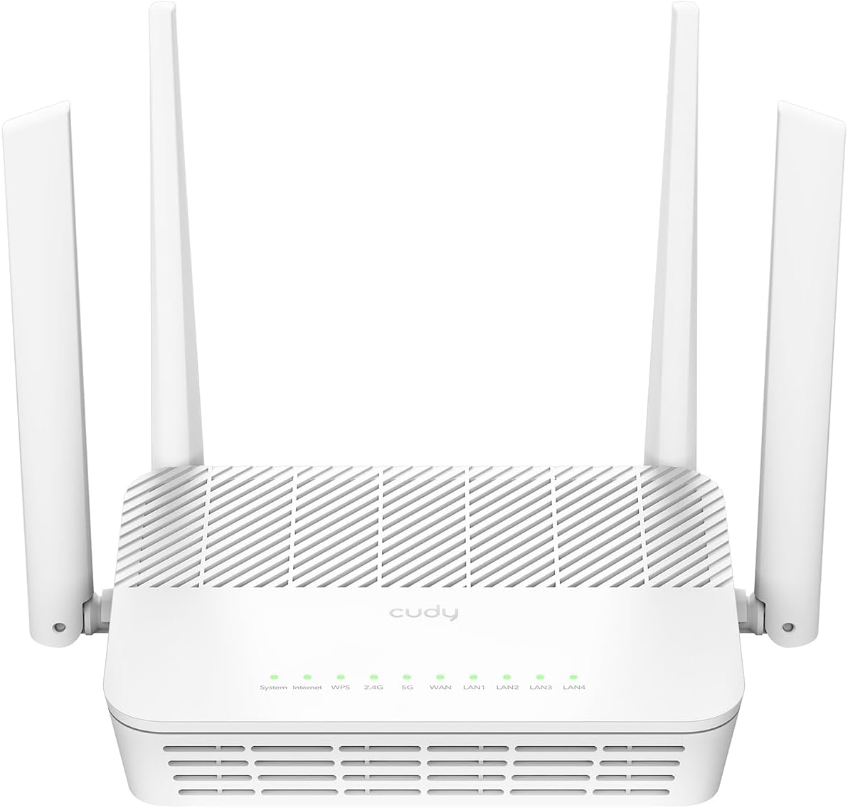 Roteador Wi-Fi branco da marca cudy com quatro antenas e luzes indicadoras verdes