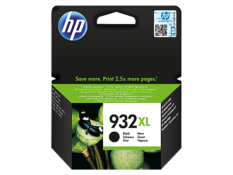 Embalagem de tinteiro HP 932XL preto com texto verde e branco