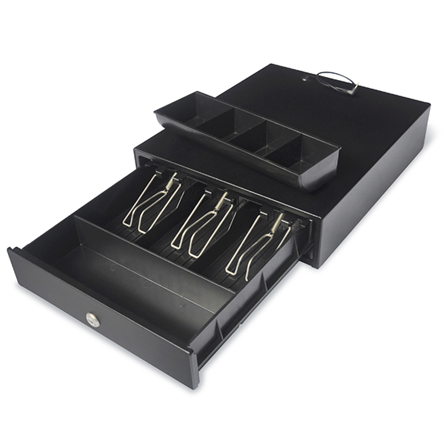 Gaveta de caixa registadora preta com compartimentos e presilhas