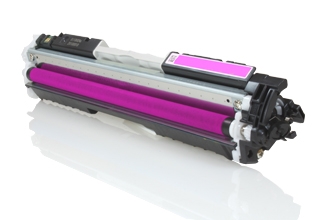Toner de impressora cor magenta sobre superfície branca