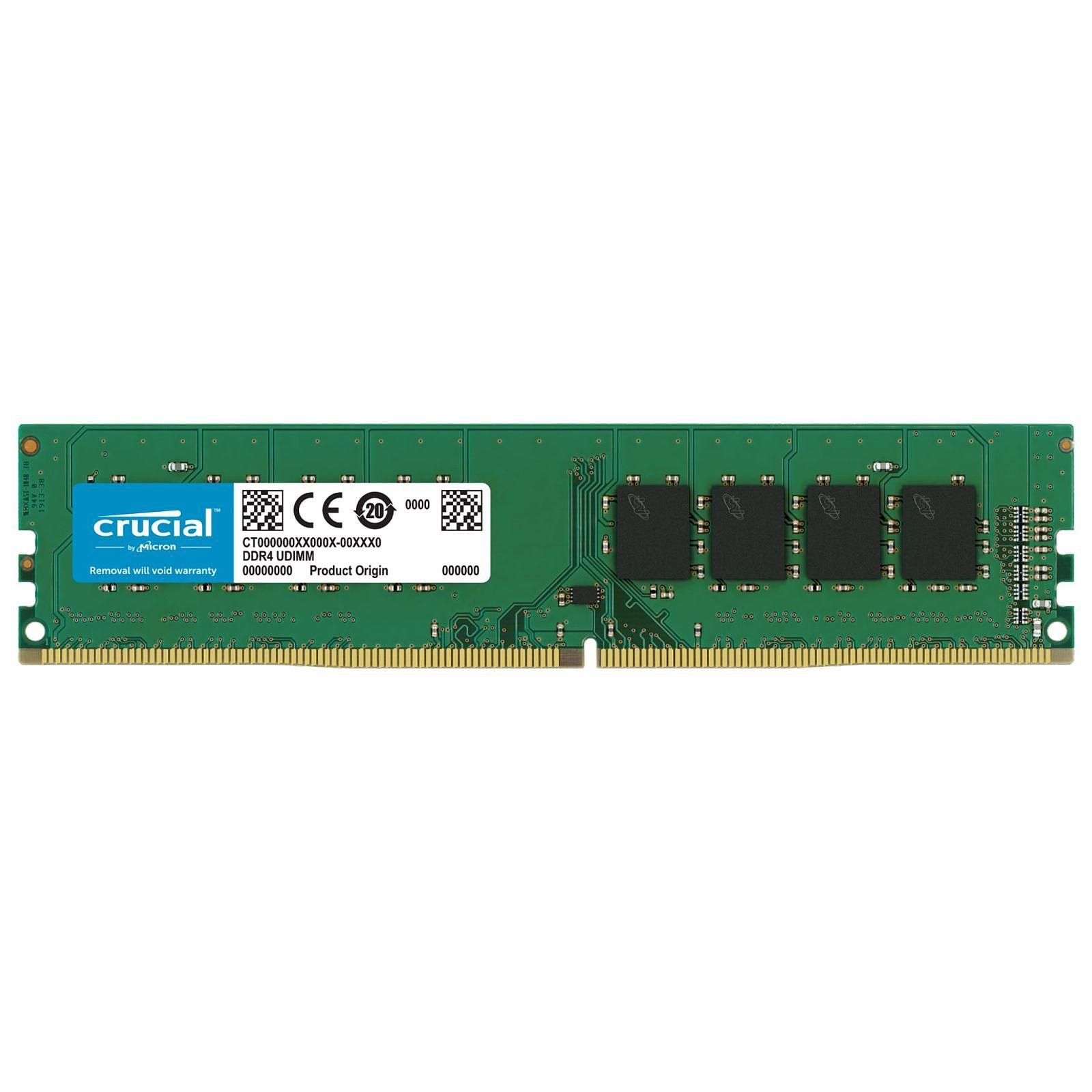 Módulo de memória RAM Crucial DDR4 UDIMM verde com chips pretos e etiqueta azul e branca.