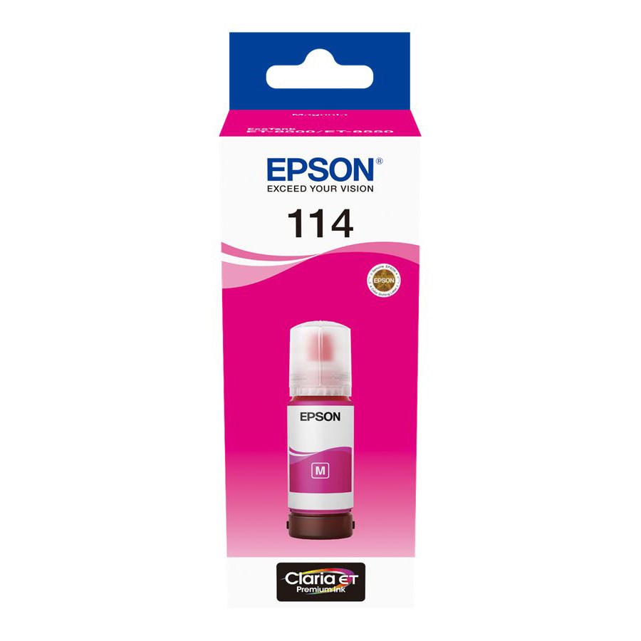 Embalagem de tinta Epson 114 cor magenta com frasco dentro