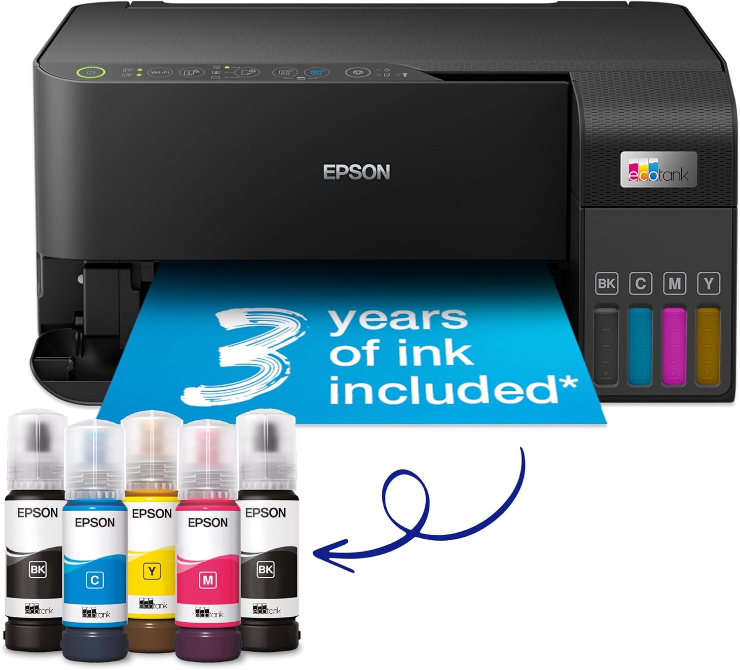 Impressora Epson EcoTank preta com frascos de tinta coloridos