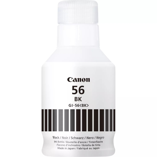 Frasco branco de tinta Canon 56 BK com tampa branca e etiquetas em preto