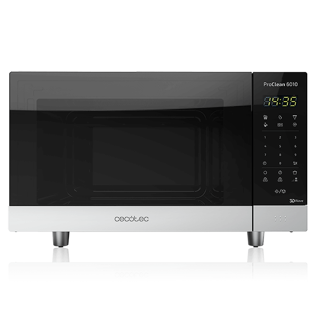 Micro-ondas preto e cinza com painel digital no lado direito