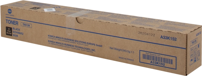 Caixa de toner preto Konica Minolta TN512K em caixa de cartão castanha com texto azul