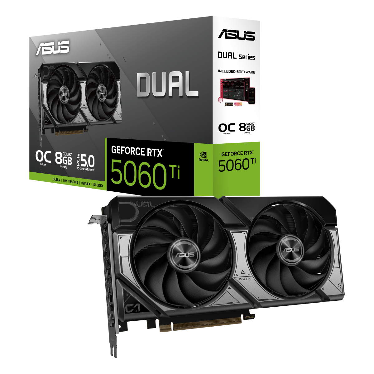 Placa gráfica ASUS Dual GeForce RTX 5060 Ti com duas ventoinhas e embalagem correspondente