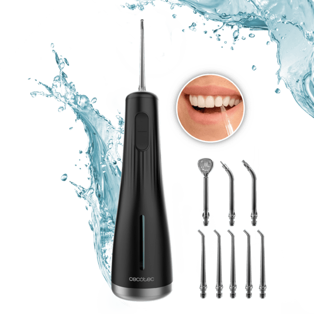 Irrigador oral preto Cecotec com vários bocais e efeito de água