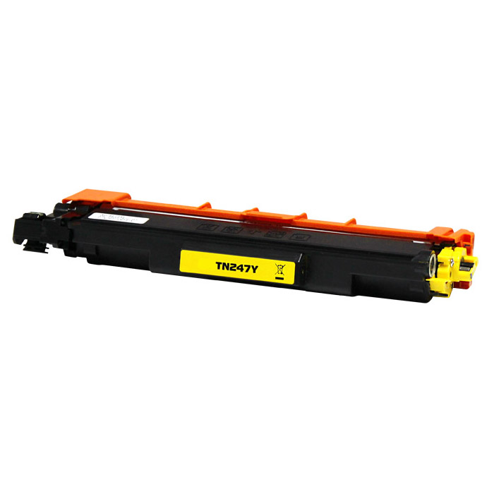 Toner para impressora laser TN247Y com corpo preto e tampa laranja em fundo branco