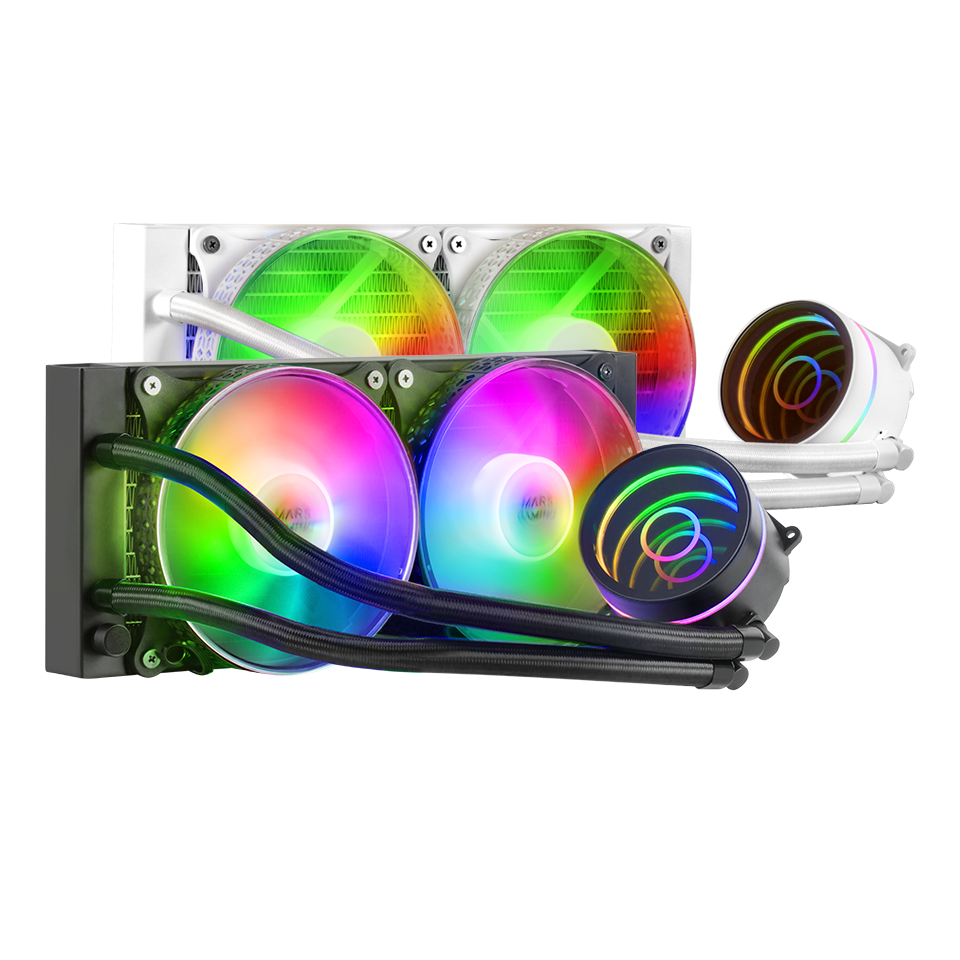 Sistemas de arrefecimento líquido para PC com ventoinhas RGB coloridas e bombas circulares iluminadas