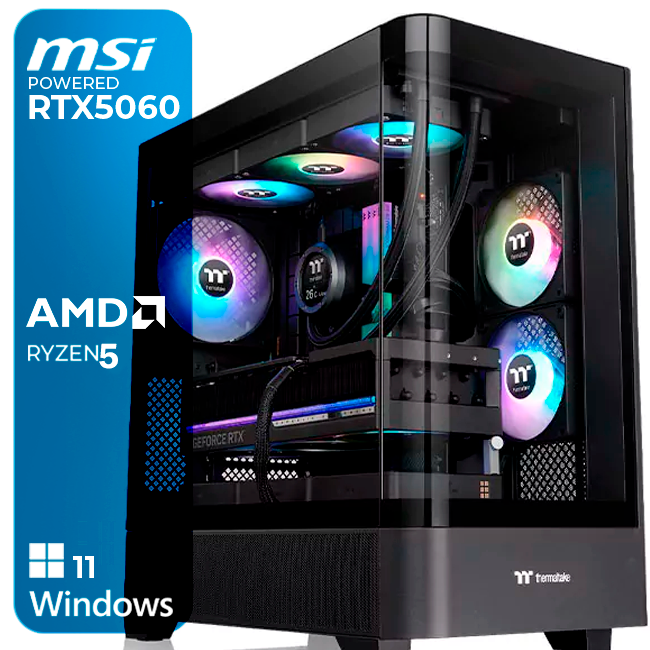 Computador de secretária preto com laterais em vidro e iluminação RGB