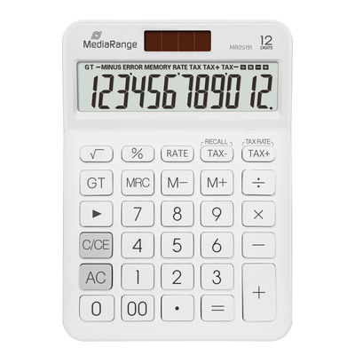 Calculadora branca MediaRange com display digital e painel solar