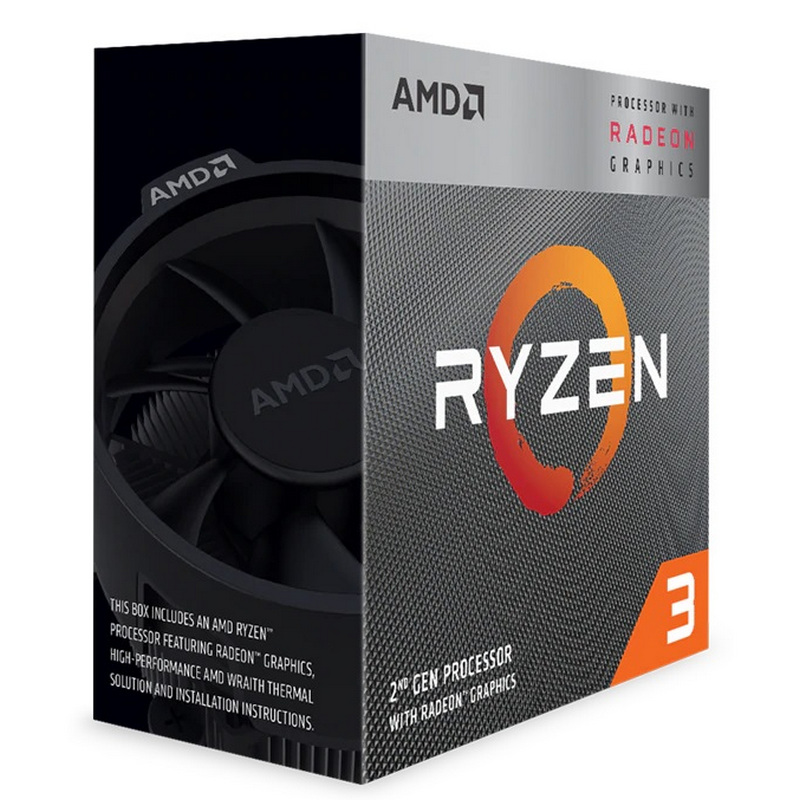 Caixa de processador AMD Ryzen 3 com gráficos Radeon e textura cinza pontilhada