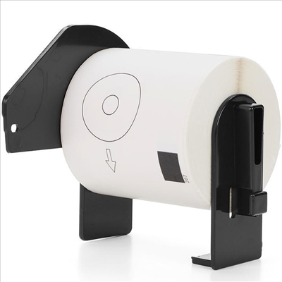 Suporte preto de metal para rolo de papel branco com marcas e seta