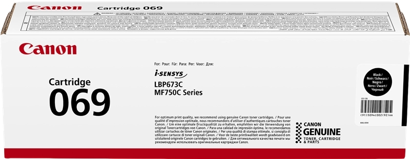 Embalagem de cartucho toner Canon 069 para impressoras i-SENSYS com texto e código de barras.