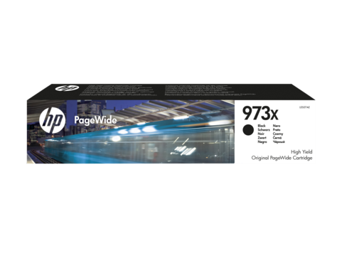Embalagem de tinta HP PageWide 973x preta com texto multilingue