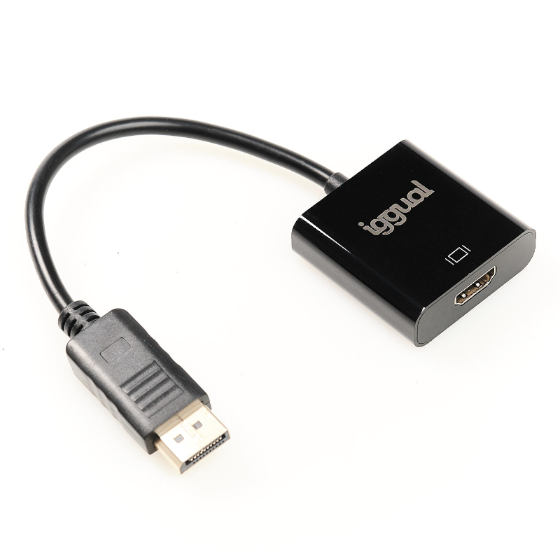 Cabo conversor HDMI preto com conector de metal e entrada DisplayPort