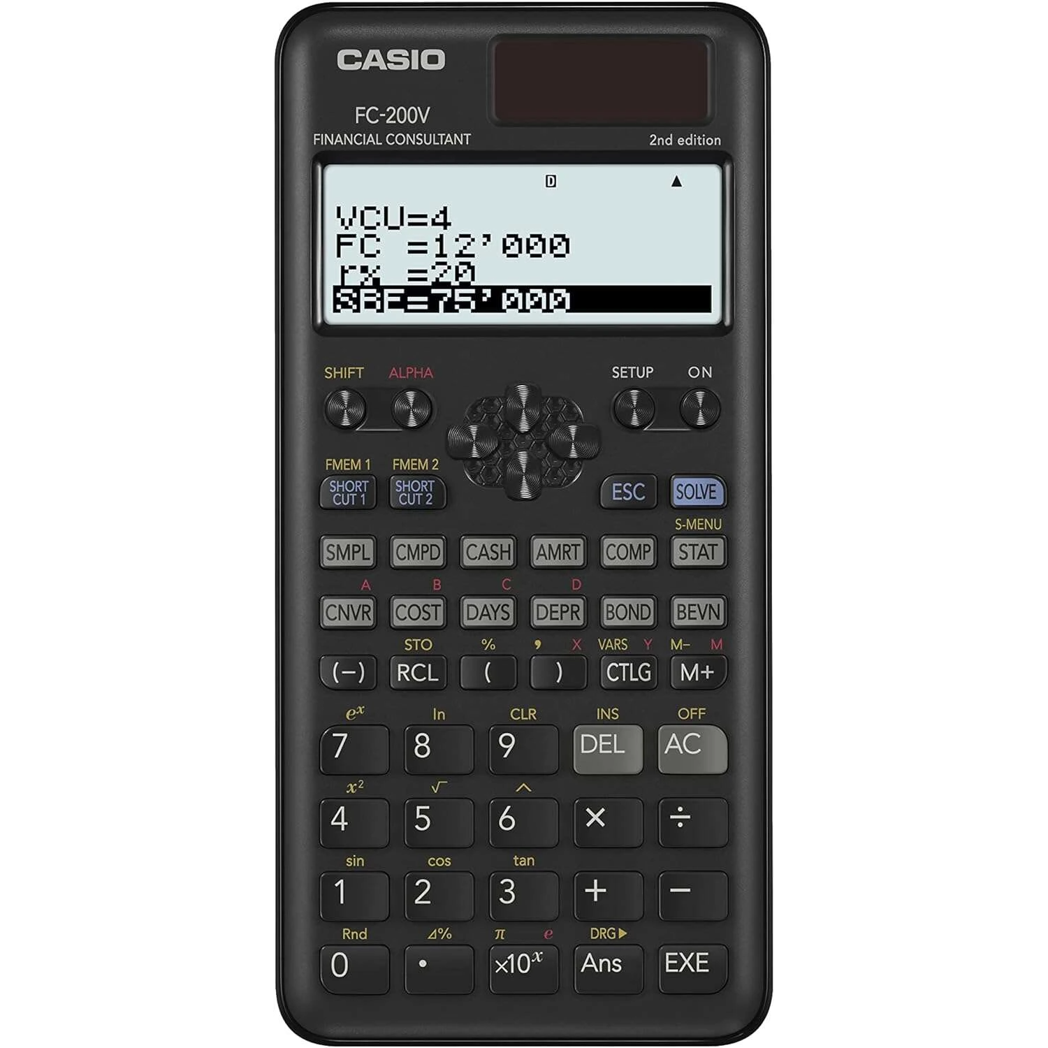 Calculadora financeira Casio FC-200V preta com visor LCD e teclado várias funções