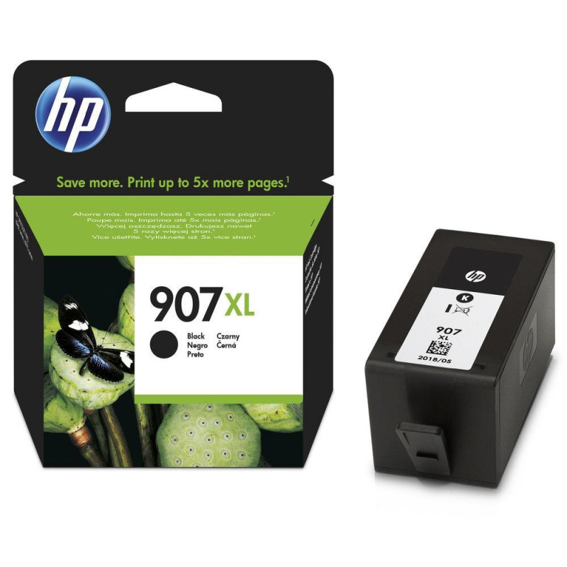 Embalagem e tinteiro preto HP 907 XL com texto promocional e imagem de borboleta